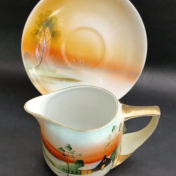 Antique Nippon Cups and Saucers Set: Hand-Painted Japanese Porcelain Landscape - Picture 3 of 9